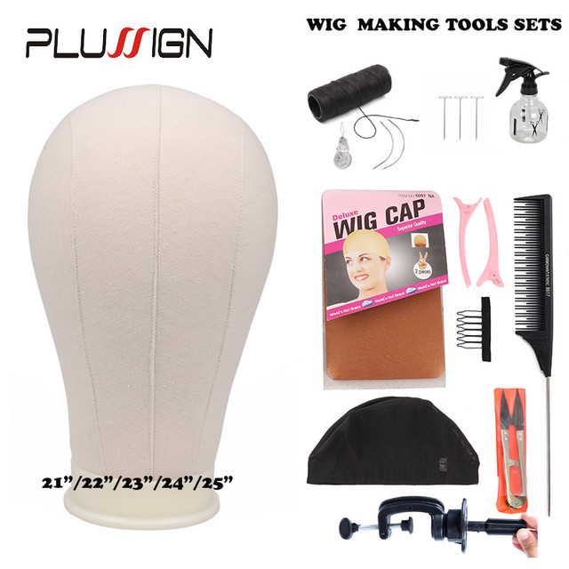 Plussign 10Pcs Wig Making Kit Training Mannequin Head Canvas Block Head  With Hair Clips Stand Spandex